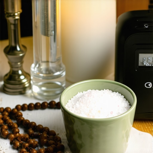 A collection of religious and spiritual tools on an altar including holy water, blessed salt, prayer beads, and digital monitoring devices.