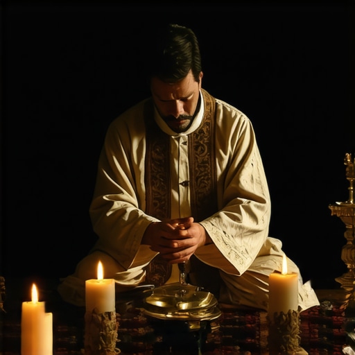 Catholic priest conducting a spiritual deliverance ritual in a church setting.