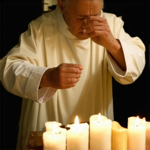 Catholic priest conducting exorcism with holy water and sacred objects during a spiritual cleansing ceremony.