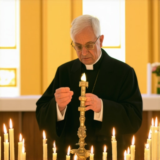 A priest conducting a solemn exorcism in a Virginia church setting with candles and religious symbols