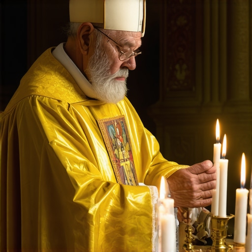 Priest performing exorcism with candles and religious artifacts in a Virginia church