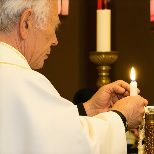 A priest conducting an exorcism, holding a holy water aspergillum during a ritual.
