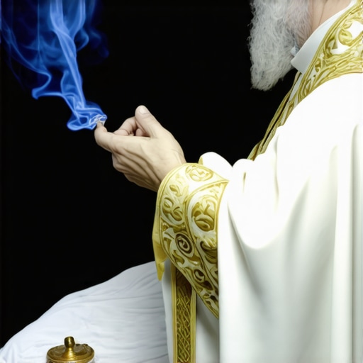 Catholic priest performing exorcism with holy water and holy items during a ritual