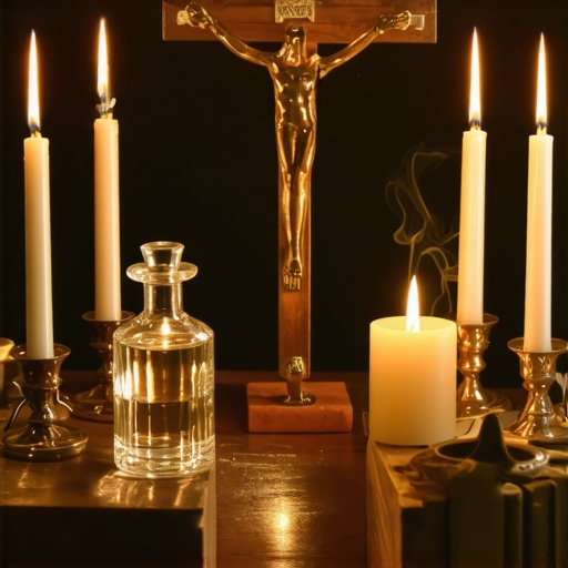 Exorcist Ritual Tools Set A collection of spiritual tools used in Catholic exorcisms, arranged neatly on an altar.