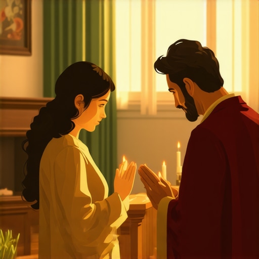 Family praying together at home with altar and religious symbols.