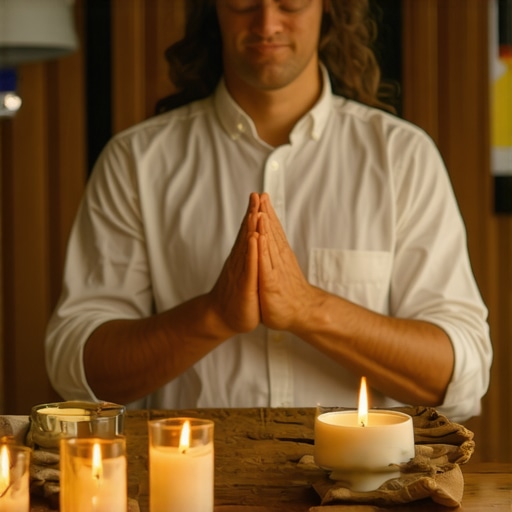 Family praying with candles and crosses in a cozy living room