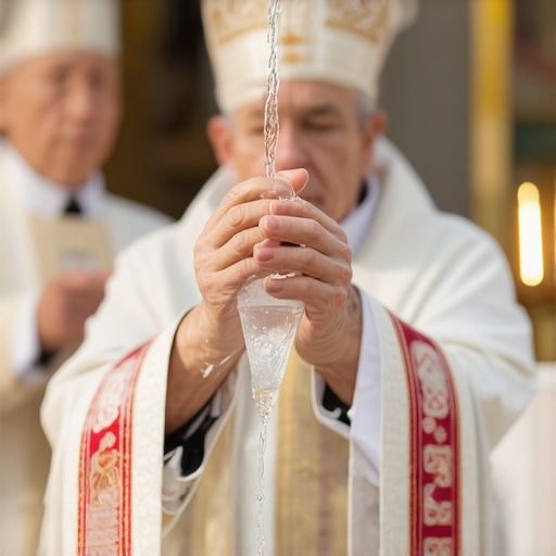 Holy Water Blessing in Progress A priest blessing holy water during a religious ceremony in a church.