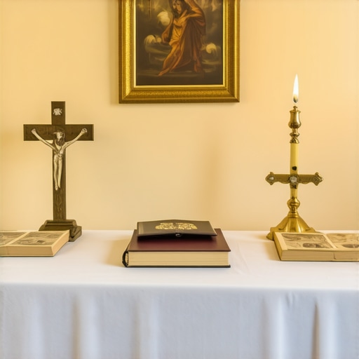 Catholic home altar with blessed objects and prayer tools for spiritual warfare in Virginia