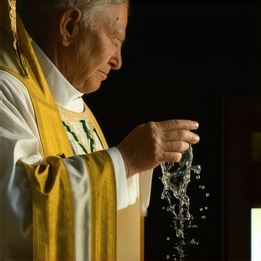 Priest blessing a house with holy water during a spiritual cleansing ceremony.