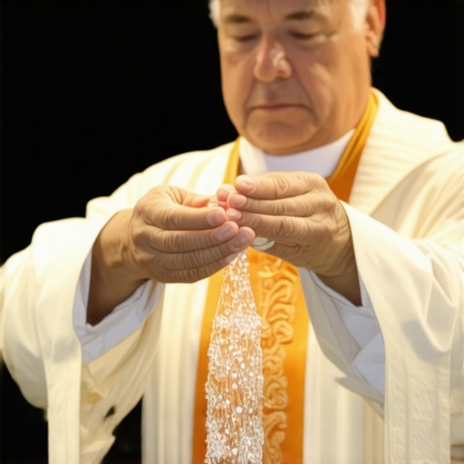 A priest performing a home blessing with Holy Water in a residential setting.