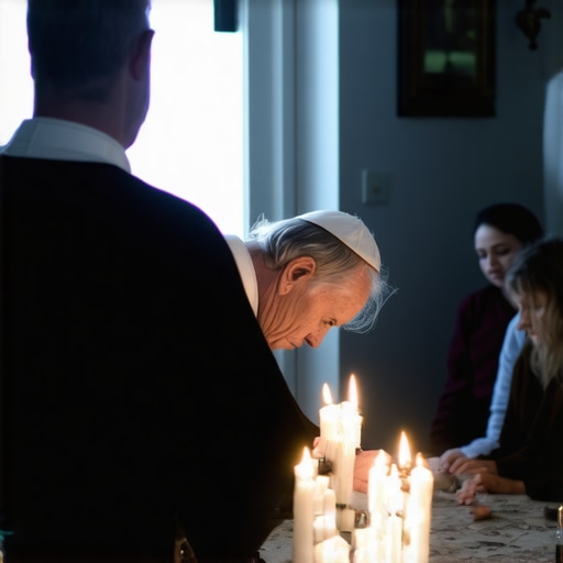 Catholic priest conducting an exorcism in a Virginia home with family members praying