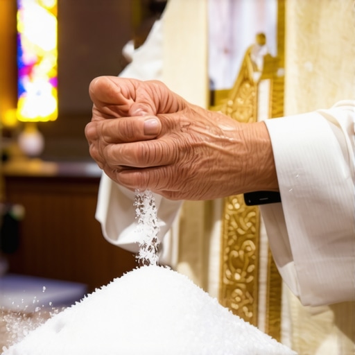 A clergyman blessing salt and holy water during a spiritual ceremony, symbolizing protection against spiritual disturbances.