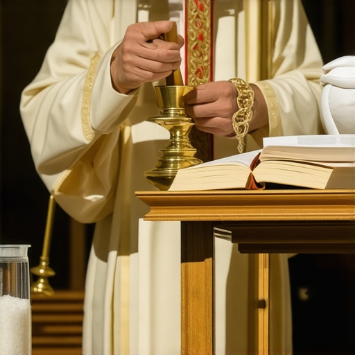 Catholic priest organizing Holy Water, salt, and prayer books for spiritual rituals in a church.