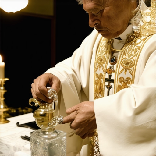 Priest organizing blessed sacramentals for exorcism ritual