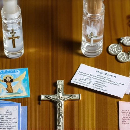 A sacred exorcism toolkit with holy water, medals, and prayer materials laid out.