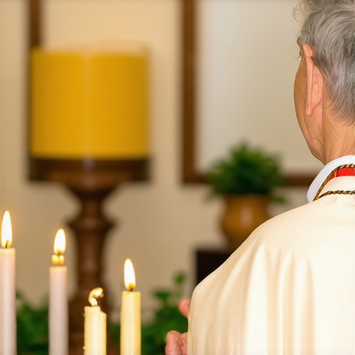 Priest blessing rosaries and medals in a home setting.