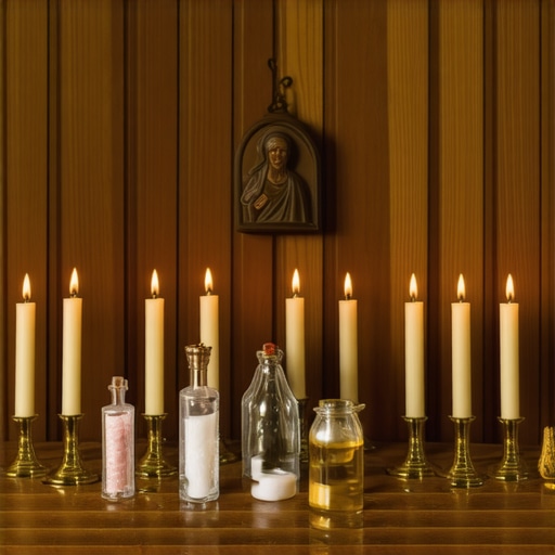 A collection of Catholic sacramentals like holy water, blessed salt, prayer candles, and icons on an altar.