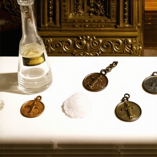 Close-up of holy water bottles, blessed salt, and religious medals arranged on an altar for spiritual protection in Virginia.