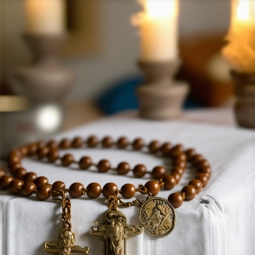 A rosary with holy medals resting on an altar, illuminated by candles, representing spiritual defense