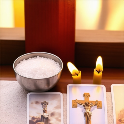 Spiritual Defense Equipment A collection of Catholic protective items like blessed salt, crucifix, and prayer cards
