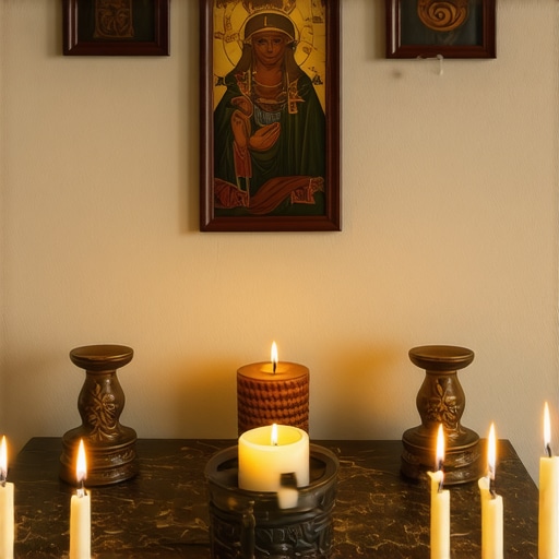A serene prayer space with religious artifacts and blessed items for spiritual protection.