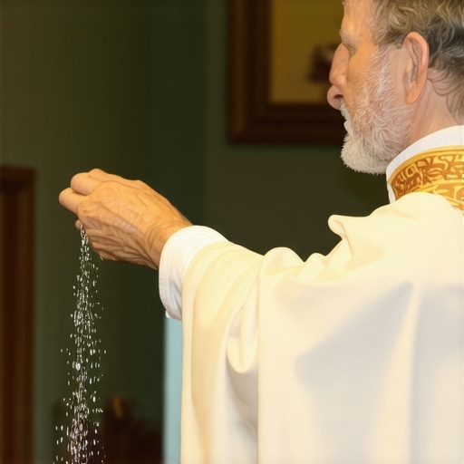 A priest performing a house blessing with holy water surrounded by crucifixes and sacramentals