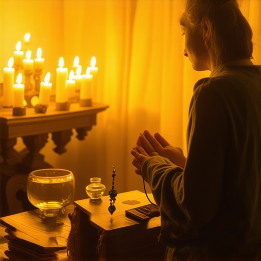 Person praying with sacred objects during spiritual preparation