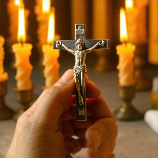 A hand holding a crucifix near lit candles, emphasizing spiritual preparedness and protection.