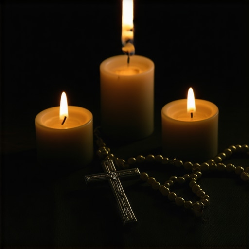 Holy water, prayer beads, and a cross placed on a table for spiritual protection.
