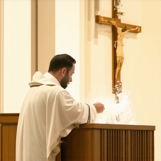 Priest blessing Holy Water in a church setting to enhance spiritual defense.
