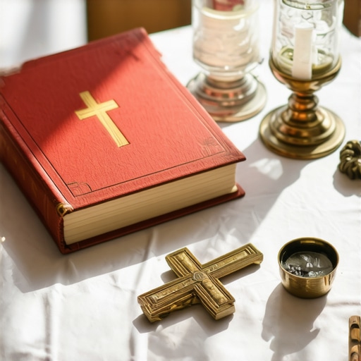 Holy water, prayer books, and religious artifacts arranged on an altar for spiritual warfare.