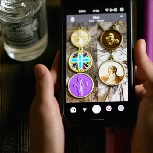 A setup of holy water, blessed medals, and a smartphone displaying prayer apps arranged for spiritual protection.