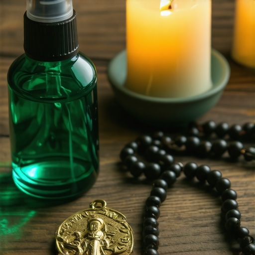 Holy water spray bottle, Benedictine medal, prayer beads, and candle on a spiritual altar