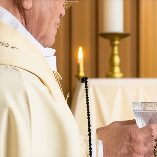 A priest holding a rosary and holy water in front of a sacred altar