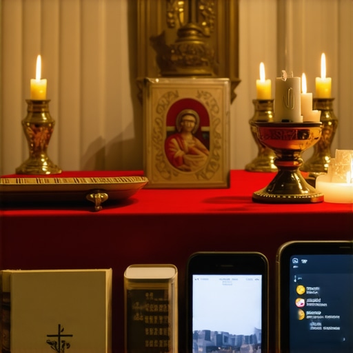 An altar with religious artifacts and modern technology used in Catholic delivery practices.
