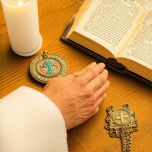 Religious artifacts and tools used in exorcism rituals laid out for blessing.