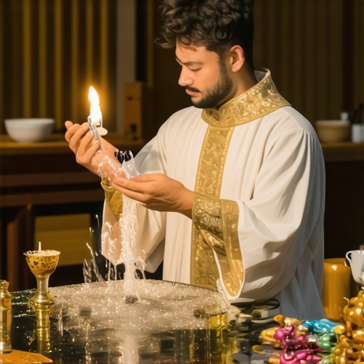 Priest blessing sacred tools used in Catholic exorcisms.