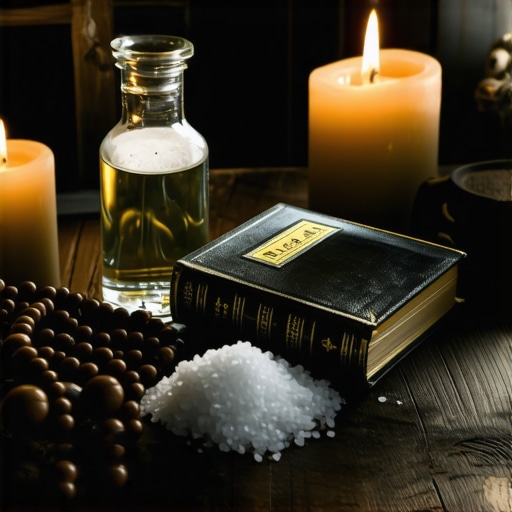 A collection of holy water, blessed salt, prayer beads, and a Bible arranged on a wooden table, symbolizing ongoing spiritual maintenance.