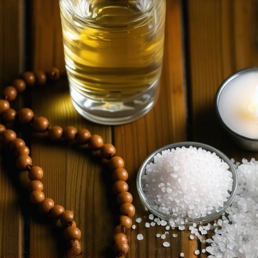 Holy water, salt, and prayer beads arranged on a table symbolizing spiritual protection tools.