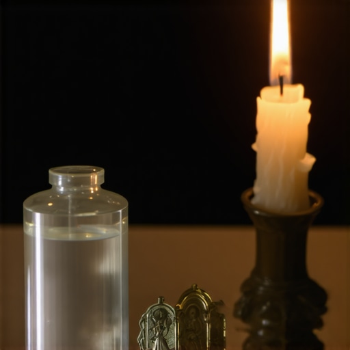 Spiritual Tools for Protection A serene Catholic prayer space featuring holy water, medals, and a candle.