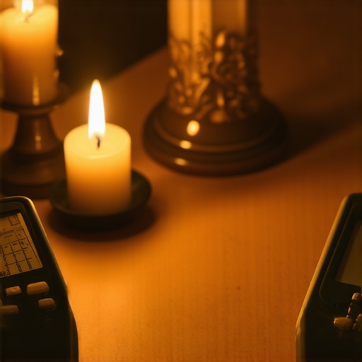 EMF meter alongside blessed holy water and crucifix in a prayer space