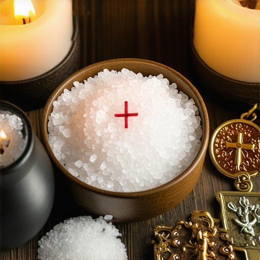 Holy water, blessed salt, and religious medals arranged for spiritual protection