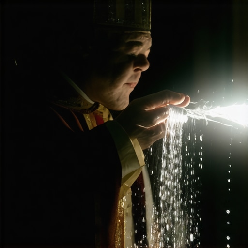 A priest conducting an exorcism with holy water during a spiritual ritual in a church setting.
