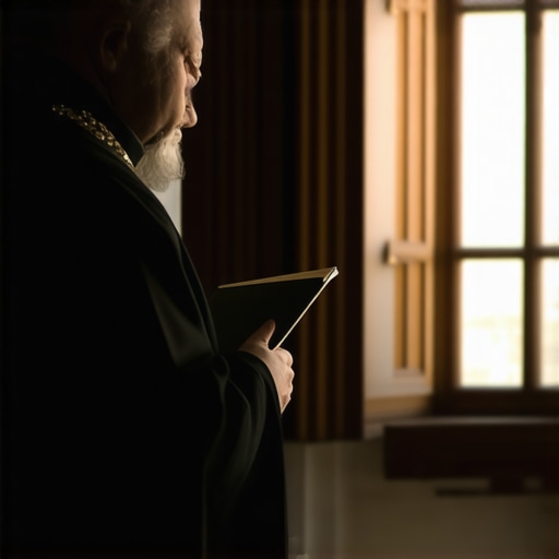 Priest in black cassock holding the Roman Ritual book in a historic Alexandria residence.