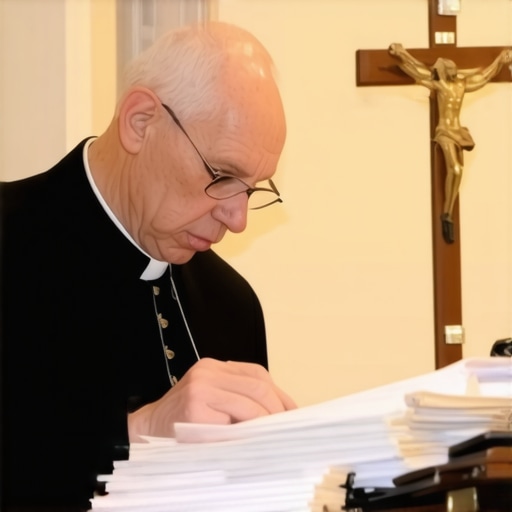 Catholic priest examining documentation for a spiritual deliverance request in Washington DC