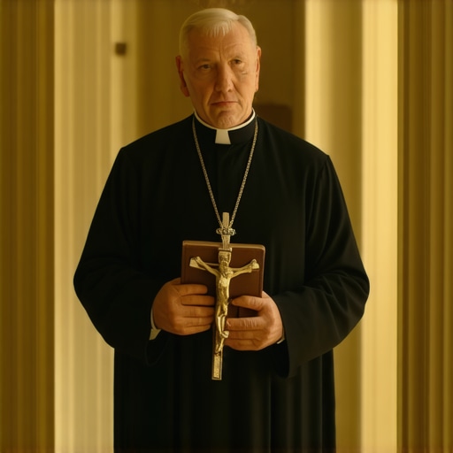 Catholic priest in a black cassock holding a crucifix during a spiritual investigation in a Virginia residence.