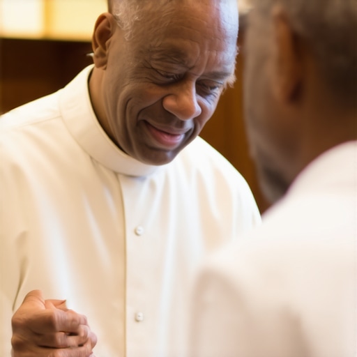 Catholic priest providing spiritual deliverance counseling in a quiet office setting