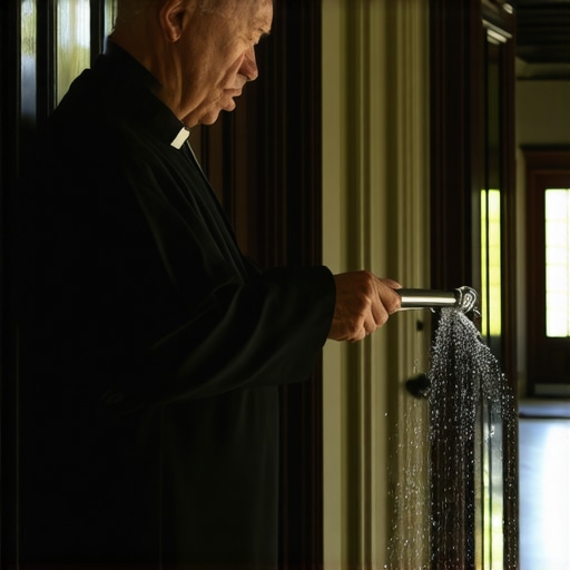 A Catholic priest using holy water and prayers to bless a historic home in Virginia