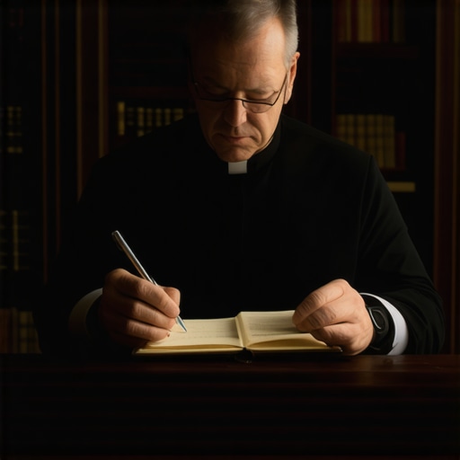 A Catholic priest in a library examining medical and spiritual logs for an exorcism case.