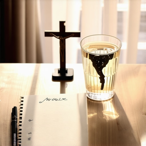 Handwritten notes and a crucifix on a table representing the documentation of spiritual activity in Virginia.